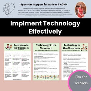 May include: Three colorful posters with the title "Technology in the Classroom" and tips for implementing technology effectively in the classroom for students with autism and ADHD. The posters include pros and cons of using technology, tips for implementing technology effectively, and a list of beneficial apps and software.