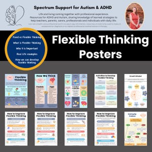 May include: A set of eight colourful posters with illustrations and text about flexible thinking. The posters are designed to help people with autism and ADHD develop flexible thinking skills. The posters include titles such as "How We Think", "Activities to Develop Flexible Thinking", and "Solving My Problem".