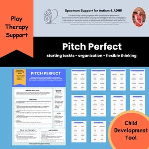 May include: A printable game called "Pitch Perfect" designed to help children with executive functioning skills. The game includes instructions, materials needed, set up, tips for role-playing fun, and age variations. The game is designed to help children with starting tasks, organisation, and flexible thinking.