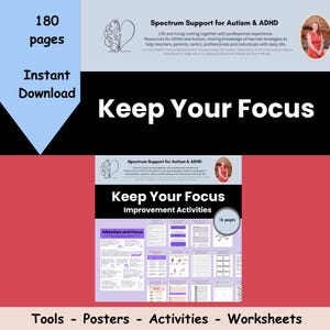 K&ouml;nnte beinhalten: Eine druckbare Ressource mit dem Titel "Keep Your Focus Improvement Activities" mit einer bunten Grafik von einem Gehirn und einem Herzen. Die Ressource umfasst 16 Seiten mit Aktivit&auml;ten und Arbeitsbl&auml;ttern f&uuml;r Aufmerksamkeit und Konzentration.