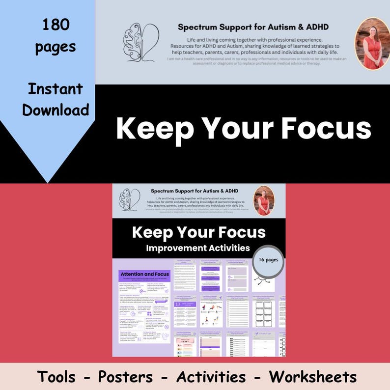K&ouml;nnte beinhalten: Eine druckbare Ressource mit dem Titel "Keep Your Focus Improvement Activities" mit einer bunten Grafik von einem Gehirn und einem Herzen. Die Ressource umfasst 16 Seiten mit Aktivit&auml;ten und Arbeitsbl&auml;ttern f&uuml;r Aufmerksamkeit und Konzentration.
