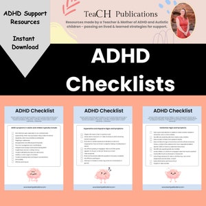 Listas de verificación para el TDAH, signos y síntomas, planificador para el TDAH, imprimible, terapia, decoración de oficina, ilustraciones para el TDAH, póster para el TDAH, niños con TDAH, manejo del TDAH, padres.