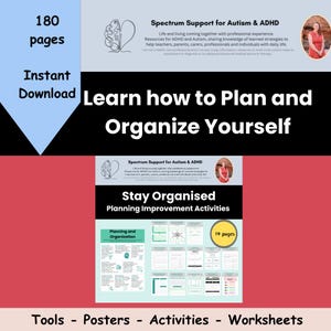 K&ouml;nnte beinhalten: Ein digitaler Download von 180 Seiten mit druckbaren Arbeitsbl&auml;ttern, Postern und Aktivit&auml;ten, um Menschen zu helfen, zu lernen, wie man plant und sich organisiert. Der Titel der Ressource lautet "Lernen, wie man plant und sich organisiert". Die Ressource wurde entwickelt, um Menschen mit Autismus und ADHS zu helfen.