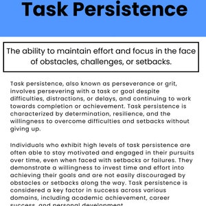 Puede incluir: Un gr&aacute;fico azul y blanco que explica el concepto de persistencia en la tarea, un componente clave de la funci&oacute;n ejecutiva. El texto describe la persistencia en la tarea como la capacidad de mantener el esfuerzo y la concentraci&oacute;n frente a los obst&aacute;culos, los desaf&iacute;os o los contratiempos.