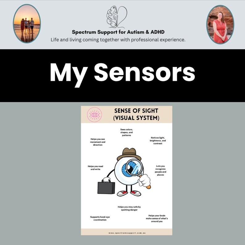 Pode incluir: Um cartaz intitulado "Meus Sensores" com o texto "Sentido da Vis&atilde;o (Sistema Visual)". O cartaz apresenta um olho ilustrado usando um chap&eacute;u e segurando uma lupa. O cartaz tamb&eacute;m inclui texto sobre como o sistema visual funciona.