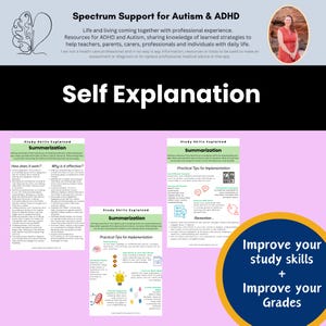 May include: Three colorful printable worksheets with the title "Study Skills Explained: Summarization". The worksheets provide tips and strategies for summarizing information. The text "Improve your study skills + Improve your grades" is in a yellow circle.