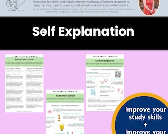 May include: Three colorful printable worksheets with the title "Study Skills Explained: Summarization". The worksheets provide tips and strategies for summarizing information. The text "Improve your study skills + Improve your grades" is in a yellow circle.
