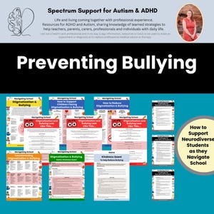 May include: A set of printable posters with tips for navigating school for neurodiverse students. The posters feature colorful illustrations and text such as "Navigating School: How to Reduce Stigmatization & Bullying" and "Navigating School: Stigmatization and Bullying Look Like This..."