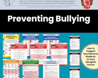 May include: A set of printable posters with tips for navigating school for neurodiverse students. The posters feature colorful illustrations and text such as "Navigating School: How to Reduce Stigmatization & Bullying" and "Navigating School: Stigmatization and Bullying Look Like This..."
