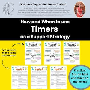 Op de afbeelding: Een printbare bron voor het ondersteunen van mensen met autisme en ADHD met behulp van timers. De bron bevat twee versies: een mindmap die laat zien hoe timers kunnen helpen bij verschillende uitdagingen en een blanco tabel om strategieën vast te leggen. De tekst "Hoe en wanneer timers gebruiken als ondersteuningsstrategie" staat bovenaan de pagina.