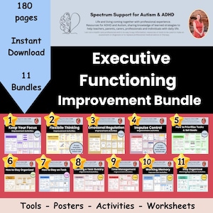 Op de afbeelding: Een kleurrijke poster met de titel "Executive Functioning Improvement Bundle" en 11 genummerde secties, elk met een andere titel die betrekking heeft op executieve functievermogen. De poster is ontworpen om leraren, ouders en professionals te helpen om individuen met ADHD en autisme te ondersteunen.