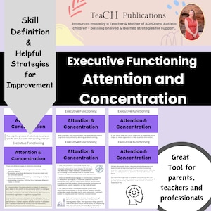 以下が含まれることがあります： 紫と白のインフォグラフィックで、「エグゼクティブファンクション 注目と集中」というタイトルと脳の図が描かれています。インフォグラフィックには、注意と集中に関する情報が含まれており、定義、種類、改善のための戦略などが含まれています。「保護者、教師、専門家にとって素晴らしいツール」というテキストがインフォグラフィックの下部に表示されています。