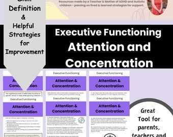 May include: Purple and white infographic with the title "Executive Functioning Attention and Concentration" and a graphic of a brain. The infographic includes information about attention and concentration, including definitions, types, and strategies for improvement. The text "Great Tool for parents, teachers and professionals" is at the bottom of the infographic.