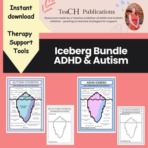Pode incluir: Um pacote imprimível de dois gráficos de iceberg, um para autismo e outro para TDAH. Os gráficos são projetados para ajudar as pessoas a entender os desafios dessas condições. Os gráficos são em preto e branco, com um design de iceberg azul e rosa. O texto nos gráficos diz "Iceberg do autismo" e "Iceberg do TDAH".