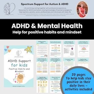 May include: A promotional image for ADHD and mental health resources for kids. The image features a logo with the text "ADHD Support for kids" and a collection of 20 pages of activities to help kids stay positive. The image also includes the text "Spectrum Support for Autism & ADHD".