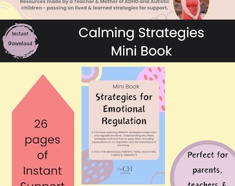 Puede incluir: Una portada ilustrada rosa y azul de un mini libro titulado "Estrategias para la regulación emocional". El libro es para individuos, padres, adolescentes, educadores y terapeutas. La portada presenta el texto "TeaCH Publications".