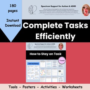 K&ouml;nnte beinhalten: Ein farbenfrohes Poster mit dem Titel "Aufgaben effizient erledigen" und dem Untertitel "Wie man bei der Sache bleibt". Das Poster zeigt ein Gehirn mit einem Herzen und ein Raster mit 13 Seiten mit dem Text "Aufgabenpersistenz". Das Poster ist dazu gedacht, Menschen mit Autismus und ADHS zu helfen.