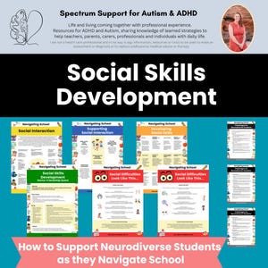 May include: A colorful infographic with the title "Social Skills Development" and the text "How to Support Neurodiverse Students as they Navigate School". The infographic includes several posters with tips for navigating school, supporting social interaction, and developing social skills.