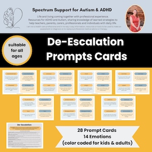 Promptkaarten de-escalatie - emotionele regulatie Speciaal onderwijs Autismespectrum ASS Ondersteuning voor ADHD Schoolpsychologie Therapeut Hand-out