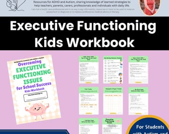 Op de afbeelding: Een roze en groene werkboek met de titel "Overcoming Executive Functioning Issues for School Success Kids Workbook" met een cartoonbrein op de omslag. Het werkboek is ontworpen voor leerlingen met ADHD of autisme. De afbeelding toont ook verschillende andere werkbladen met titels als "My Morning Routine Checklist", "Task Tracker" en "Homework & Project Tracker". De tekst "Executive Functioning Kids Workbook" staat in een groot, vet lettertype bovenaan de afbeelding. De tekst "For Students with Autism and ADHD" staat in een groot, vet lettertype onderaan de afbeelding.