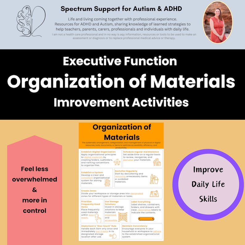 K&ouml;nnte beinhalten: Eine farbenfrohe Infografik mit dem Titel "Organisation von Materialien" und dem Untertitel "Verbesserungsaktivit&auml;ten". Die Infografik ist in zwei Abschnitte unterteilt, einen mit dem Titel "F&uuml;hle dich weniger &uuml;berfordert und habe mehr Kontrolle" und den anderen mit dem Titel "Verbessere die F&auml;higkeiten des t&auml;glichen Lebens". Jeder Abschnitt enth&auml;lt eine Liste von Tipps zur Organisation von Materialien, wie z. B. "Digitale Organisation aufbauen", "Ein System einrichten", "Zonen erstellen", "Priorit&auml;ten setzen", "Lagerl&ouml;sungen verwenden", "Alles beschriften", "Eine "Ein-Touch"-Regel implementieren" und "Konsistenz wahren".