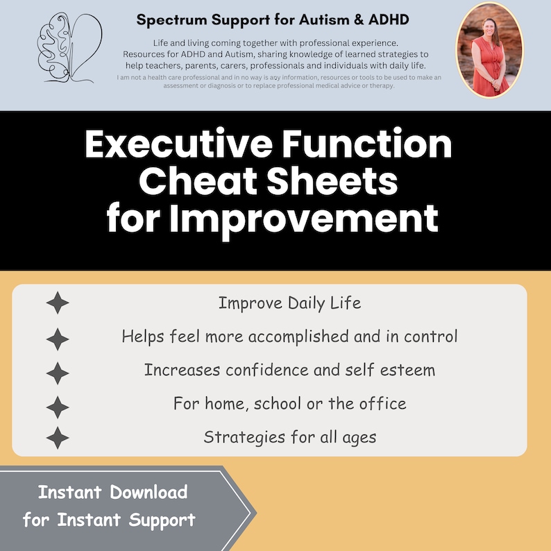 K&ouml;nnte beinhalten: Eine gelbe und graue Grafik mit dem Text "Executive Function Cheat Sheets for Improvement". Die Grafik listet M&ouml;glichkeiten auf, das t&auml;gliche Leben zu verbessern, darunter das Gef&uuml;hl, mehr erreicht zu haben, die Steigerung des Selbstvertrauens und Strategien f&uuml;r alle Altersgruppen. Die Grafik enth&auml;lt auch den Text "Sofort-Download f&uuml;r sofortige Unterst&uuml;tzung".
