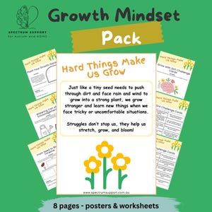 Könnte beinhalten: Ein grünes Lernpaket mit dem Titel "Growth Mindset Pack" mit Postern und Arbeitsblättern. Das zentrale Poster lautet "Hard Things Make Us Grow" mit einer Blumengrafik. Das Paket enthält 8 Seiten Lernmaterial.