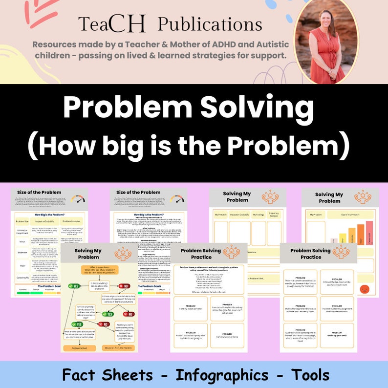 Pu&ograve; includere: Un set di fogli di lavoro stampabili per le capacit&agrave; di problem solving. I fogli di lavoro sono rosa e presentano un personaggio dei cartoni animati con un mantello da supereroe. I fogli di lavoro includono il testo "Problem Solving Practice" e "Quanto &egrave; grande il problema?"