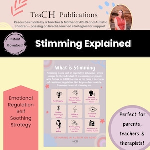 May include: A pink and yellow graphic with the text "Stimming Explained" in black. The graphic explains what stimming is and lists common forms of stimming, such as hand flopping, nail biting, rocking, licking, excessive blinking, hair pulling, rubbing, and rearranging objects. The graphic also includes the text "Stimming in Autism or ADHD".