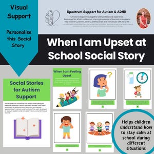Puede incluir: Una historia social imprimible colorida para niños con autismo. El título es "Cuando estoy molesto en la escuela Historia social". La historia incluye ilustraciones de niños en diferentes situaciones y un cuadro de texto con las palabras "Cuando me siento molesto".