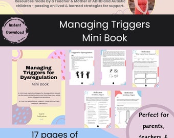 Puede incluir: Un mini libro digital de descarga rosa y blanco titulado "Managing Triggers for Dysregulation" con el texto "17 páginas de apoyo instantáneo" y "¡Perfecto para padres, maestros y terapeutas!"