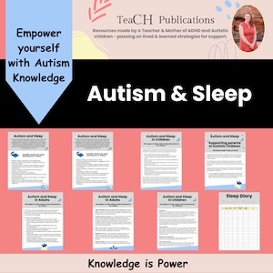 Può includere: Una grafica rosa e nera con il testo "Autismo & Sonno" in grandi lettere bianche. La grafica include diverse immagini più piccole di risorse stampabili per genitori e adulti sul tema dell'autismo e del sonno. Il testo "La conoscenza è potere" è in fondo alla grafica.
