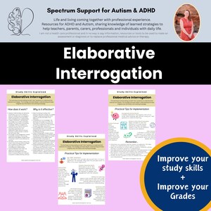 May include: A pink background with three white sheets of paper with the title "Elaborative Interrogation" and text about study skills. The text includes "How does it work?" and "Why is it effective?"  The bottom of the image has a yellow circle with the text "Improve your study skills + Improve your Grades".
