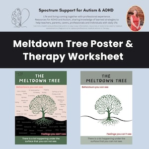 Puede incluir: Dos carteles verdes y blancos con el título "The Meltdown Tree" y una ilustración de un árbol. Los carteles son para el apoyo al autismo y al TDAH y enumeran los comportamientos y los sentimientos que se pueden ver y no se pueden ver.
