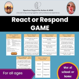 Peut inclure: Jeu "Réagir ou Répondre" avec des cartes de scénarios et de choix. Le jeu est conçu pour tous les âges et peut être utilisé à l'école ou à la maison. Les cartes présentent des situations sociales.