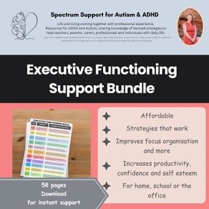 Pu&ograve; includere: Una grafica rosa e grigia con il testo "Executive Functioning Support Bundle" in bianco. La grafica presenta un elenco di controllo con il titolo "Executive Functioning Skills" e un elenco di vantaggi, tra cui "Conveniente", "Strategie che funzionano", "Migliora la concentrazione, l'organizzazione e altro ancora", "Aumenta la produttivit&agrave;, la fiducia in se stessi e l'autostima", e "Per la casa, la scuola o l'ufficio".
