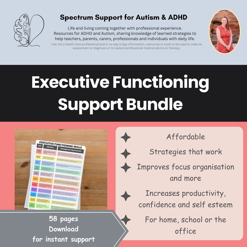 Pu&ograve; includere: Una grafica rosa e grigia con il testo "Executive Functioning Support Bundle" in bianco. La grafica presenta un elenco di controllo con il titolo "Executive Functioning Skills" e un elenco di vantaggi, tra cui "Conveniente", "Strategie che funzionano", "Migliora la concentrazione, l'organizzazione e altro ancora", "Aumenta la produttivit&agrave;, la fiducia in se stessi e l'autostima", e "Per la casa, la scuola o l'ufficio".