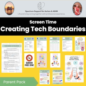 May include: A collection of printable resources for managing screen time, including family agreements, weekly planners, and guides. The materials are designed to help create healthy tech boundaries for children and families. The image includes the text "Screen Time Creating Tech Boundaries."