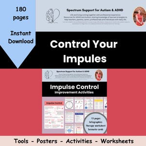 K&ouml;nnte beinhalten: Eine rosa-wei&szlig;e Grafik mit dem Text "Control Your Impules" und "Impulse Control Improvement Activities". Die Grafik enth&auml;lt 13 Seiten mit Infografiken, Therapie-Arbeitsbl&auml;ttern und Szenariokarten. Die Grafik soll Menschen mit Autismus und ADHS helfen.
