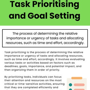 Puede incluir: Una ilustraci&oacute;n verde y blanca con el texto "Funci&oacute;n ejecutiva, Priorizaci&oacute;n de tareas y establecimiento de objetivos". El texto describe el proceso de determinar la importancia o urgencia relativa de las tareas y la asignaci&oacute;n de recursos, como el tiempo y el esfuerzo, en consecuencia. Una lista de verificaci&oacute;n con cuatro c&iacute;rculos verdes, azul verdoso y rojos se muestra en el lado derecho de la imagen.