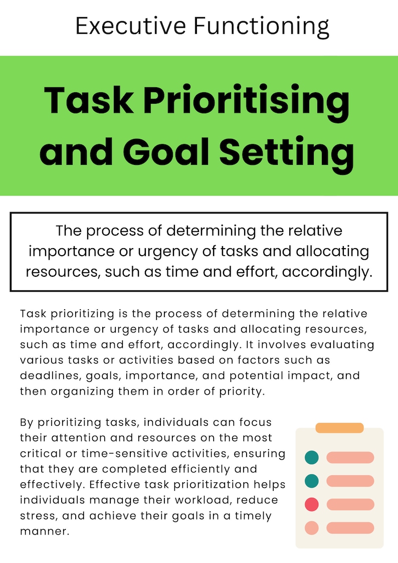 Puede incluir: Una ilustraci&oacute;n verde y blanca con el texto "Funci&oacute;n ejecutiva, Priorizaci&oacute;n de tareas y establecimiento de objetivos". El texto describe el proceso de determinar la importancia o urgencia relativa de las tareas y la asignaci&oacute;n de recursos, como el tiempo y el esfuerzo, en consecuencia. Una lista de verificaci&oacute;n con cuatro c&iacute;rculos verdes, azul verdoso y rojos se muestra en el lado derecho de la imagen.