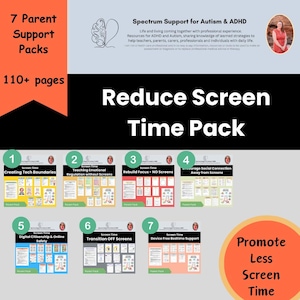 May include: An image promoting reduced screen time, featuring the text "Reduce Screen Time Pack" and "7 Parent Support Packs, 110+ pages." The graphic includes seven packs with titles such as "Creating Tech Boundaries" and "Device Free Bedtime Support."