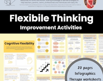 Peut inclure: Ensemble de 20 pages d'infographies, de feuilles de travail thérapeutiques et de cartes de scénarios. Le matériel est axé sur la pensée flexible et la flexibilité cognitive, pour les personnes atteintes d'autisme et de TDAH.
