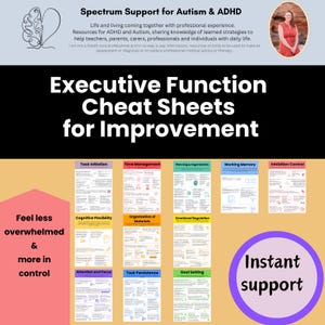 May include: A set of colorful cheat sheets for executive function skills. The cheat sheets are titled: Task Initiation, Time Management, Planning & Organization, Working Memory, Inhibition Control, Cognitive Flexibility, Organization of Materials, Emotional Regulation, Attention and Focus, Task Persistence, and Goal Setting. The text "Feel less overwhelmed & more in control" is on the left side of the image. The text "Instant support" is on the right side of the image.