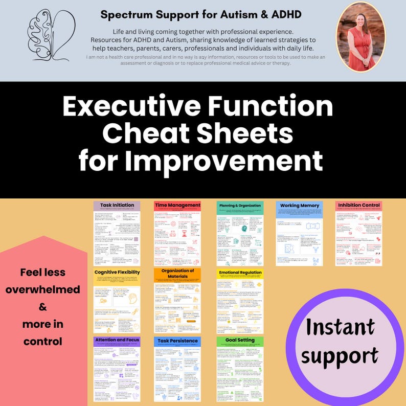 May include: A set of colourful cheat sheets for executive function skills. The cheat sheets are titled: Task Initiation, Time Management, Planning & Organisation, Working Memory, Inhibition Control, Cognitive Flexibility, Organisation of Materials, Emotional Regulation, Attention and Focus, Task Persistence, and Goal Setting. The text "Feel less overwhelmed & more in control" is on the left side of the image. The text "Instant support" is on the right side of the image.