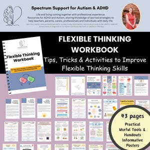 Puede incluir: Un libro de trabajo titulado "Flexible Thinking Workbook" con un gráfico de nube rosa y verde en la portada. El libro de trabajo está diseñado para ayudar a mejorar las habilidades de pensamiento flexible para personas con autismo y TDAH. Incluye 43 páginas de herramientas prácticas, folletos y carteles informativos.