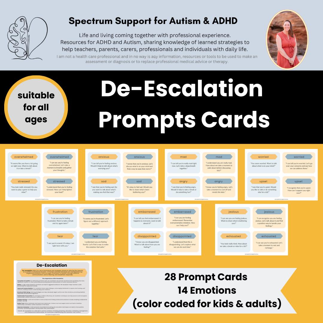 De-escalation Prompt Cards - Emotional Regulation Special Education Support Autism Support for ADHD Anxiety Management Parenting Advice