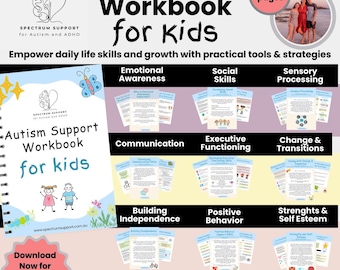 May include: A colorful workbook cover with the title "Autism Workbook for Kids" and a picture of two children. The workbook is designed to help children with autism develop social, emotional, and communication skills. It includes 130+ pages of activities and strategies.