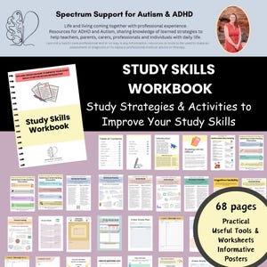 Puede incluir: Un libro de trabajo colorido titulado "Study Skills Workbook" con el subtítulo "Study Strategies & Activities to Improve Your Study Skills". El libro de trabajo tiene 68 páginas e incluye herramientas prácticas, hojas de trabajo y carteles informativos.