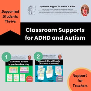 May include: Two colourful printable resources for teachers supporting students with ADHD and Autism. The first resource is titled "ADHD and Autism Impacts on Learning" and the second is titled "Support Cheat Sheets (Academic & Behavior)".